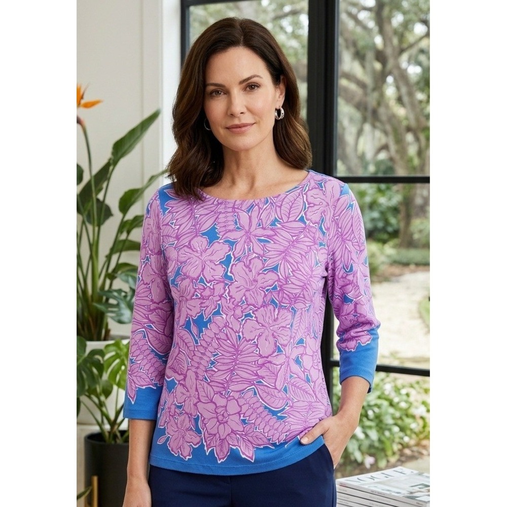 Bob Mackie Wearable Art Women‎ Large Floral 3/4 Sleeve Boat Neck Top Blue Purple